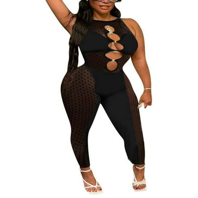 PENGXIANG Femmes Voir à Travers Bodycon Combinaison Sans Manches Creux Mesh Transparent Pantalon Skinny Long Rompers Clubwear Jaune L
