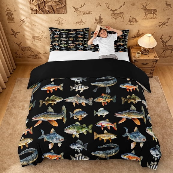 meiyoeat Cute Pike Fish Bedding For Boys,Black Watercolor Print Duvet Cover Full Kids,Black Reversible,3pcs(No Comforter)
