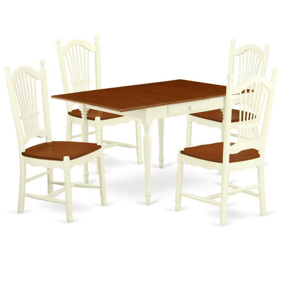East West Furniture MZDO5-WHI-W 5Pc Dining Set Offers a Dinette Table and 4 Dining Chairs with Wooden Seat, Drop Leaf Table with Panel Back Chairs, Buttermilk and Cherry Finish