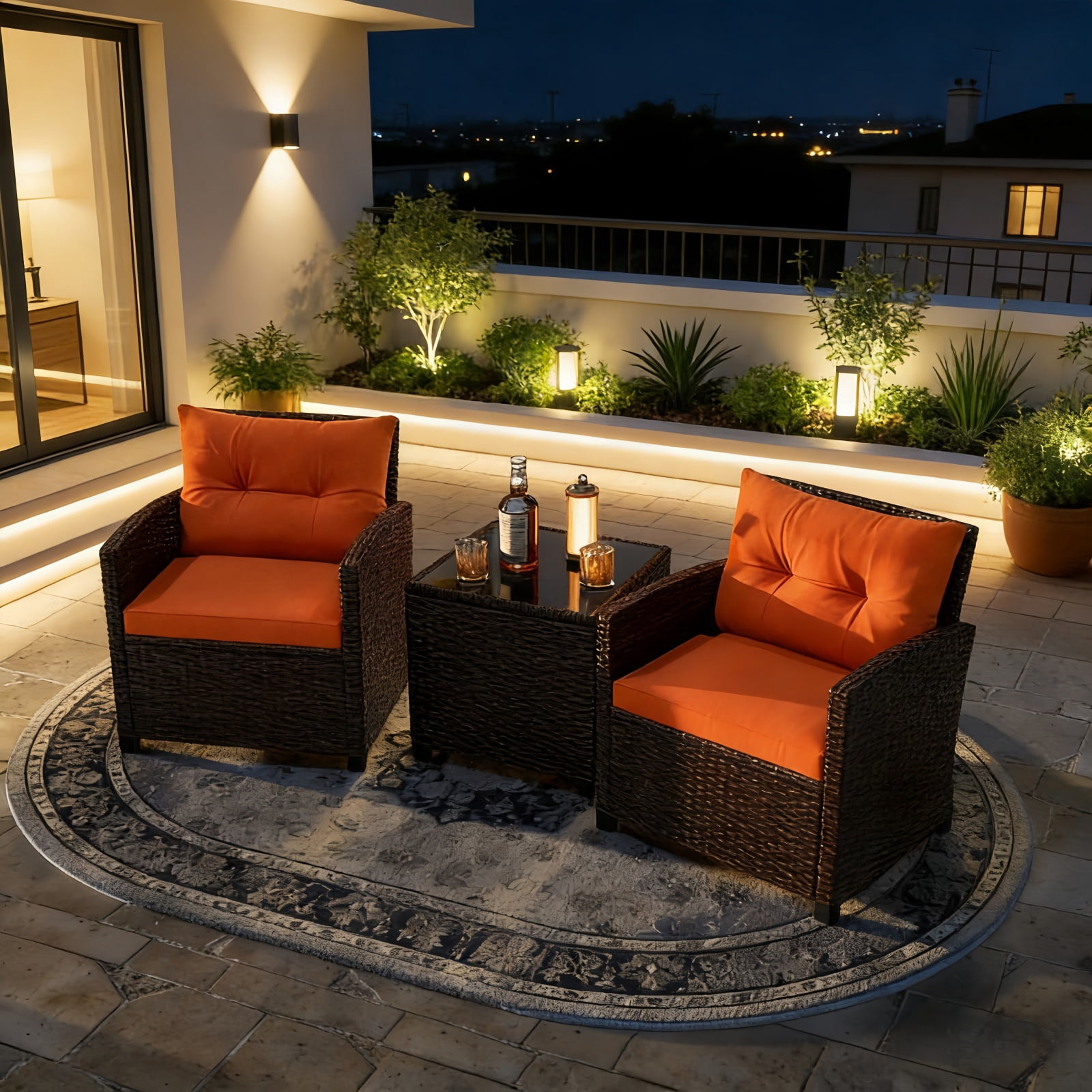 Hommoo 3 PCS Rattan Patio Furniture Set, Outdoor Brown Wicker Conversation Set with Glass Tabletop & Orange Cushion
