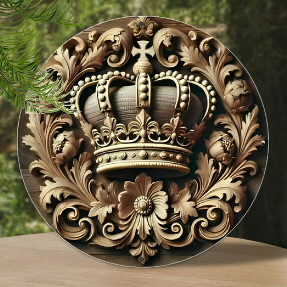 8x8" Vintage Crown Round Metal Sign - Scratch & UV Resistant, Easy-Hang Decor for Home, Porch, Window