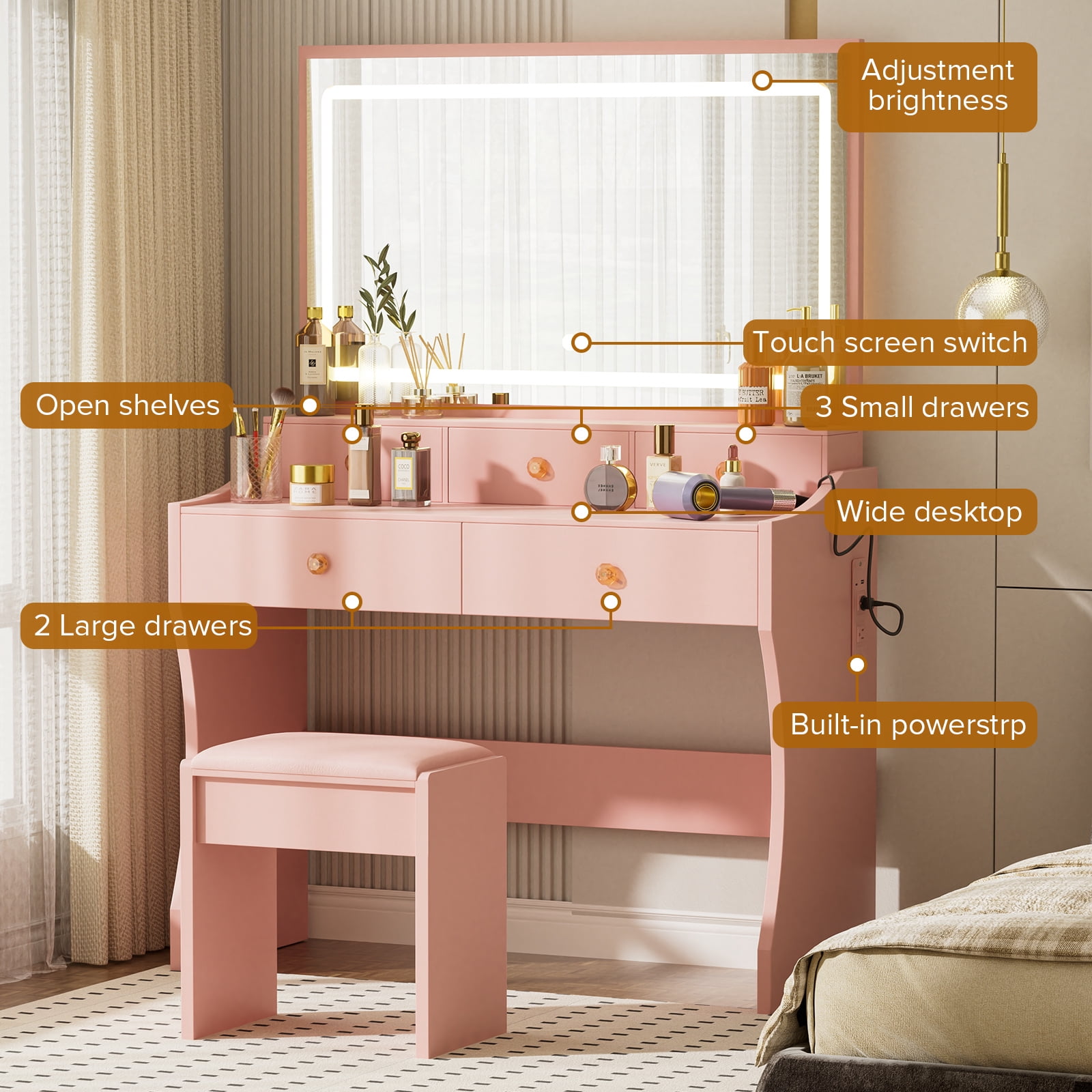 LUCKLIFE Pink Vanity Desk with Mirror and Lights, 5 Drawers & Charging Station, Vanity Table and Chair Set