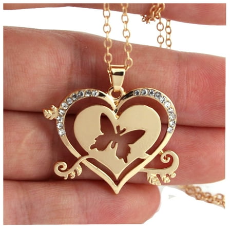 - Goldtone cut out heart butterfly Necklace Crystal Pendant, J-362-B
