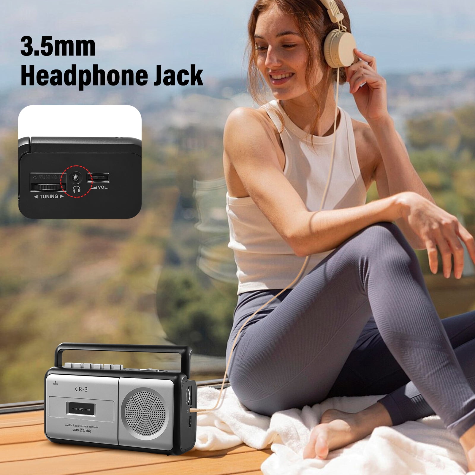 Portable Cassette Player Boombox AM/FM Radio Stereo, Casette Tape Player Recorder with Earphone Jack Battery Operated or AC Powered