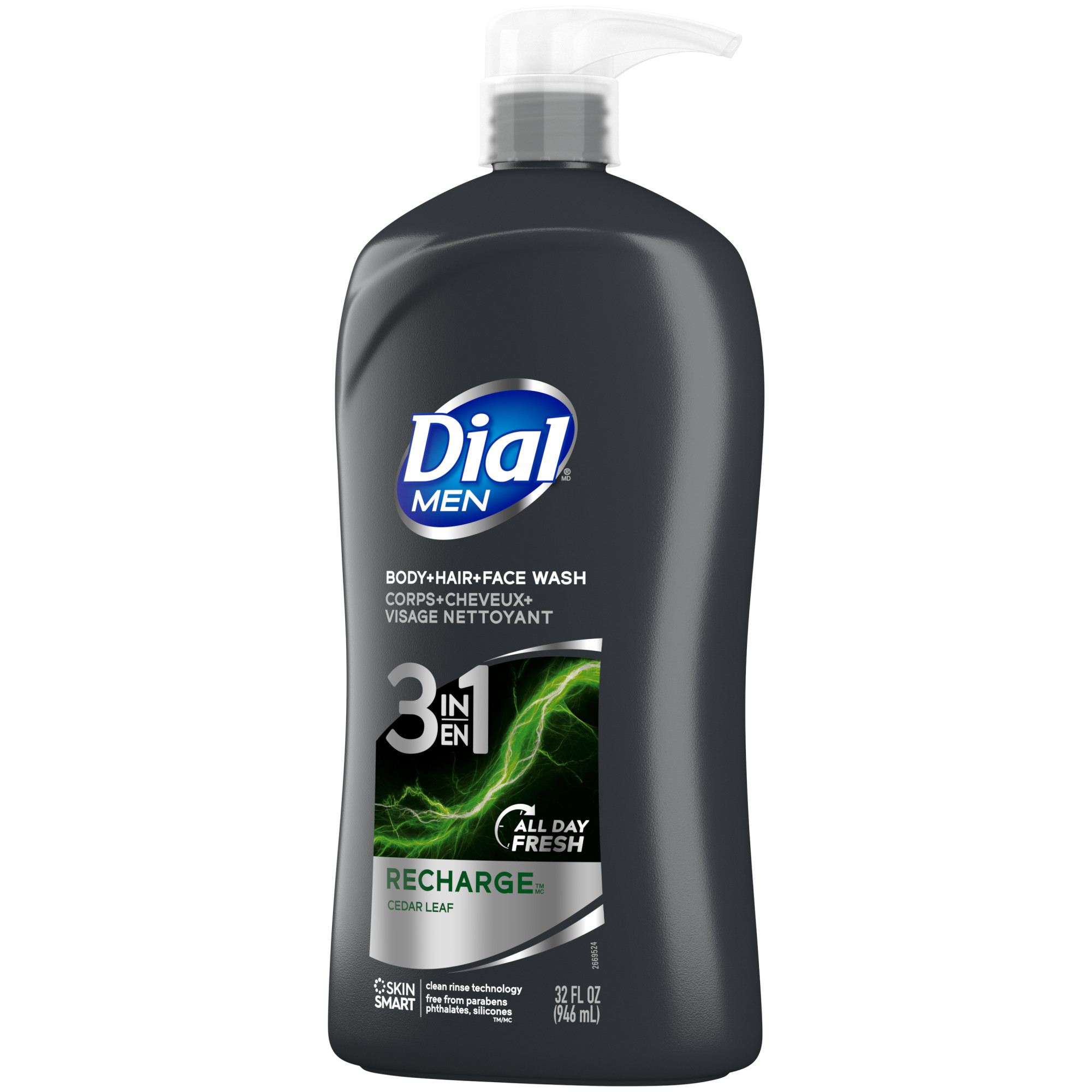 Dial Men 3in1 Body, Hair and Face Wash, Recharge, Cedar Leaf Scent, 32 fl oz