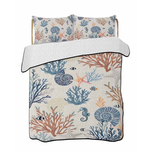 Quilts Queen Size Bedding Set, Blue Coastal Reversible Summer Quilt 3 Pieces, Summer Beach Coral Shell Starfish Vintage Lightweight Bedspreads Coverlets with 2 Pillow Shams for All Seasons