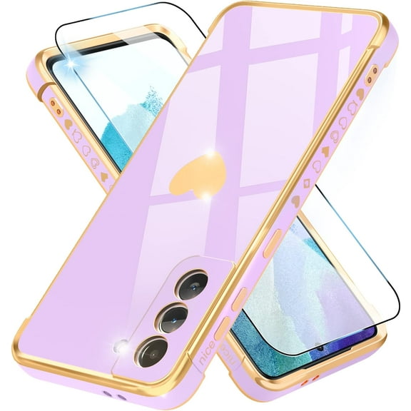 Compatible with Samsung Galaxy S21 Case with HD Screen Protector Shockproof Protection, Love Heart Plating Girly Women Cute Soft TPU Luxury Elegant Case for Galaxy S21 5G, Purple