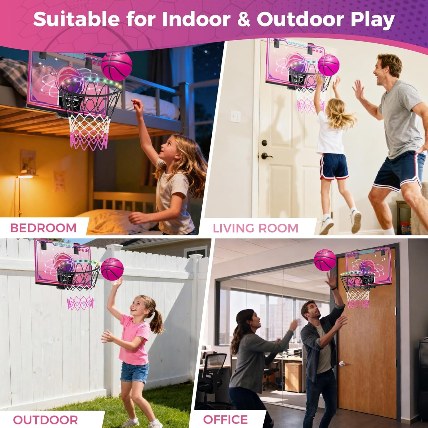 TERRAMUS LED Basketball Hoop,Indoor Basketball Set with 7 Color Lights, Glowing Rim, Scoreboard, Remote Controller, and Sports Toy for Girls Boys Ages 5-12+