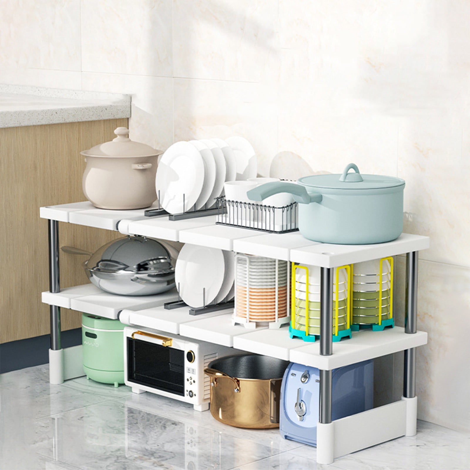 Qonioi Retractable Under Sink Shelf, Expandable Kitchen Cabinet Organizer, Heavy Duty Plastic Storage Rack for Bathroom Sink and Pantry