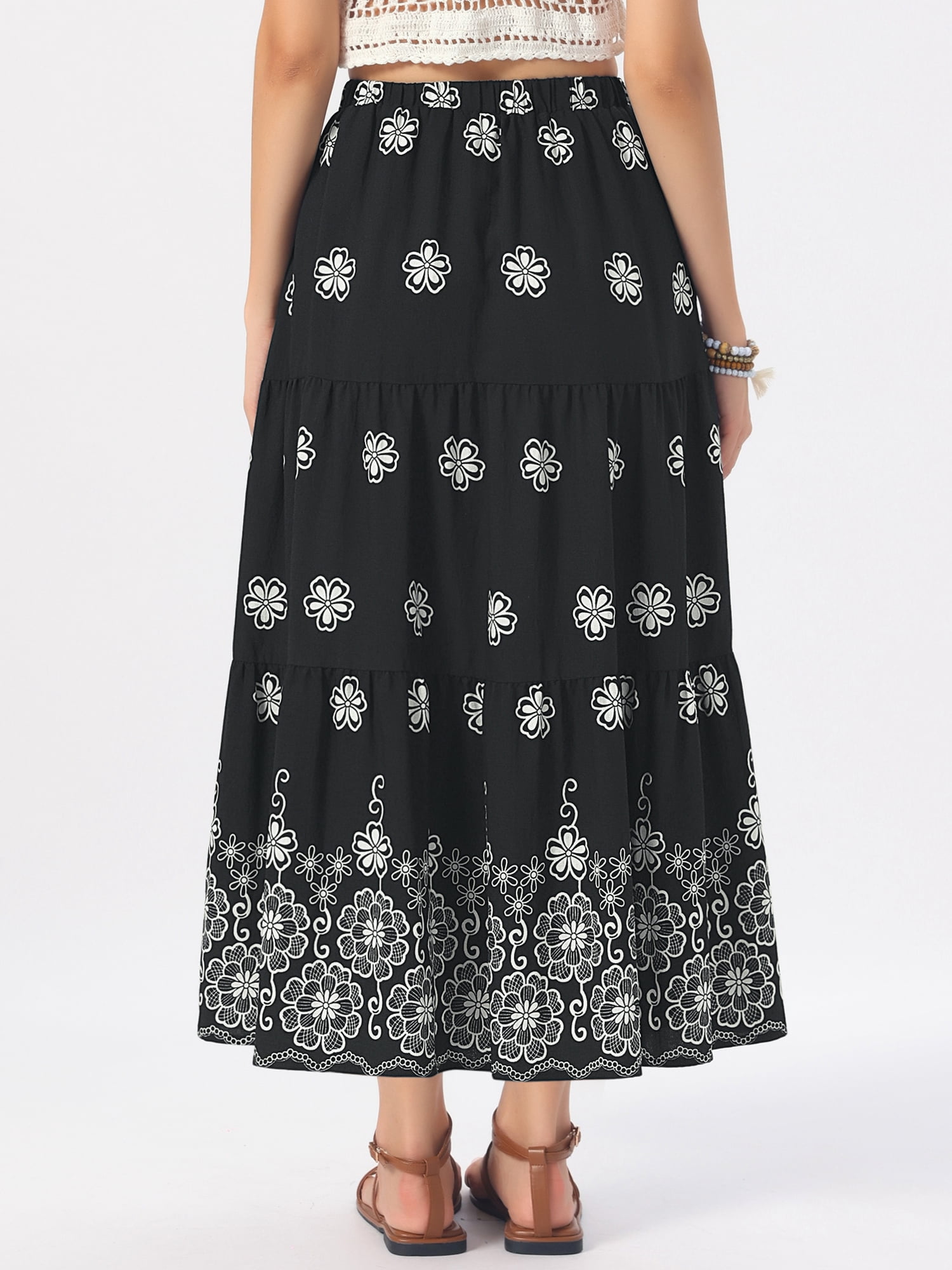 DARING DIVA Women's Layered Ruffle Hem A Line High Waist  Flared Long Skirts XL Black