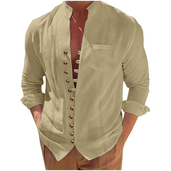ZCFZJW Mens Long Sleeve Linen Shirt Button Up Loose Fit Vintage Shirts Banded Collar High Elastic Tops Trendy Solid Color Henley Shirt Khaki XXL