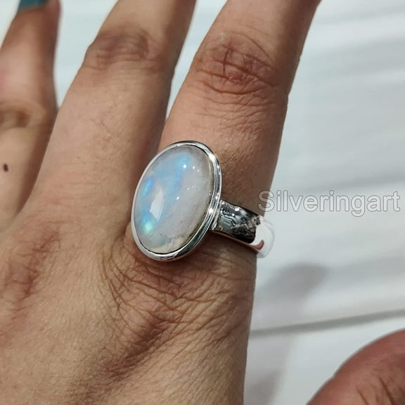 Blue Fire Moonstone Ring, Silver Jewelry, 925 Silver Ring, Father's Day, AAA Natural Rainbow Moonstone, June Birthstone Ring, Simple Mens Ring, Spiritual Healing Gemstone, Christmas, Mens Tiny Ring