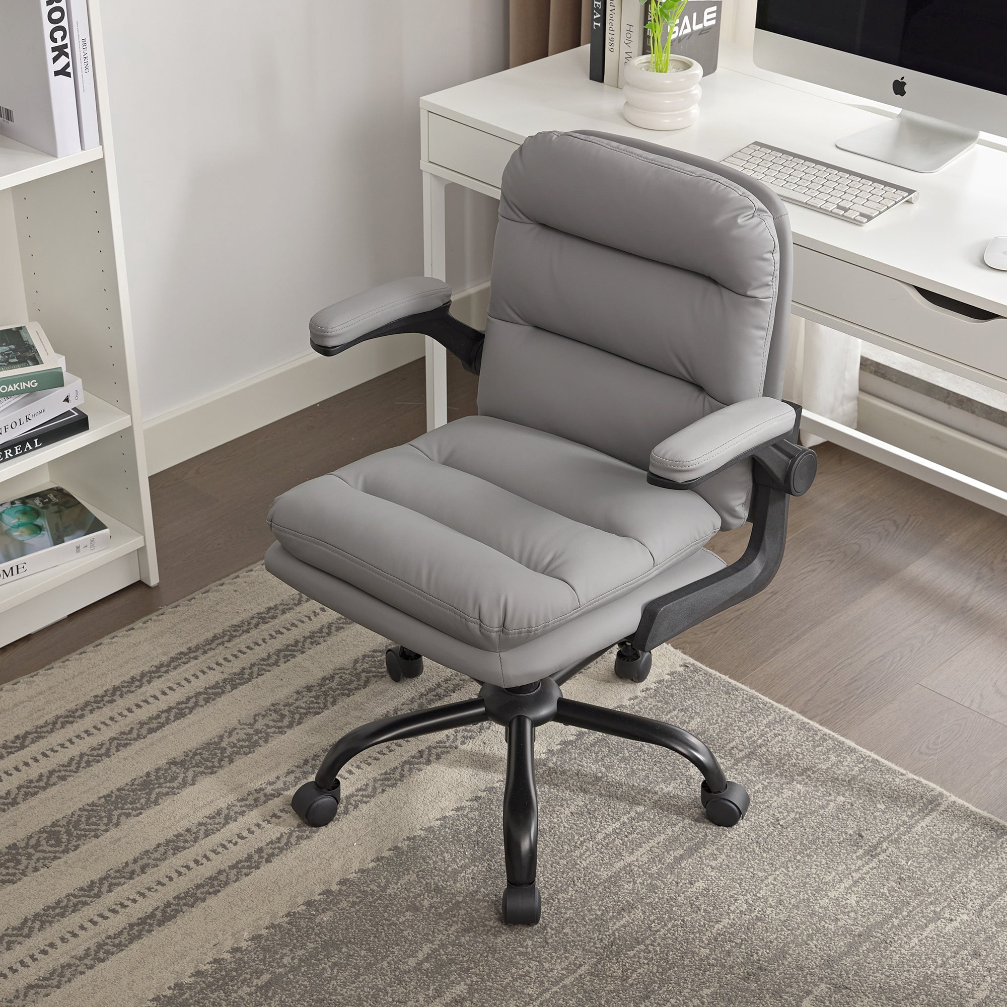 VECELO Ergonomic Office Chair, PU Leather Thick Padding Swivel Executive Computer Desk Chair With Upholstered Flip-Up Arms, Gray