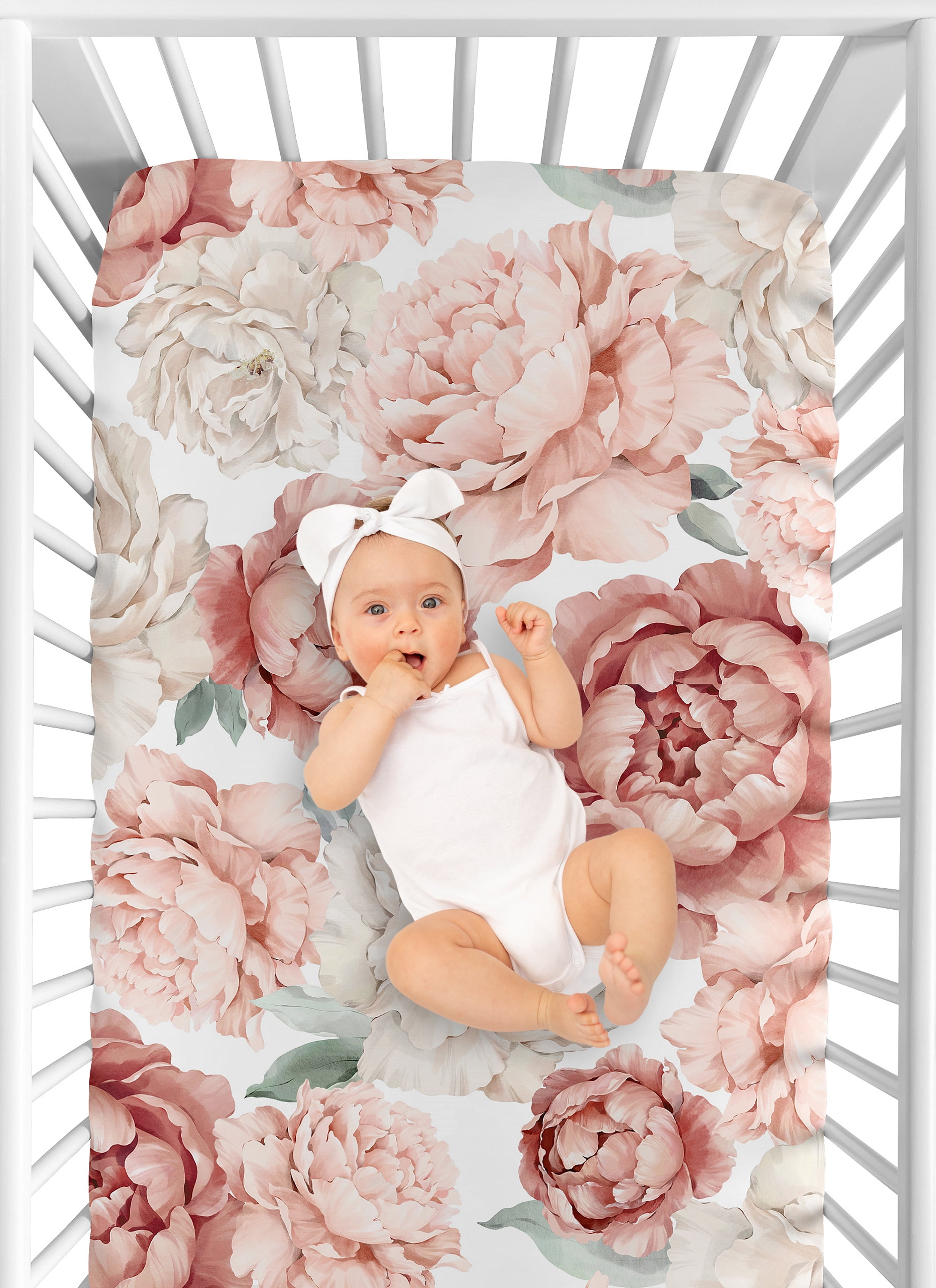 Sweet Jojo Designs Peony Floral Garden Pink and Ivory Fitted Crib Sheet