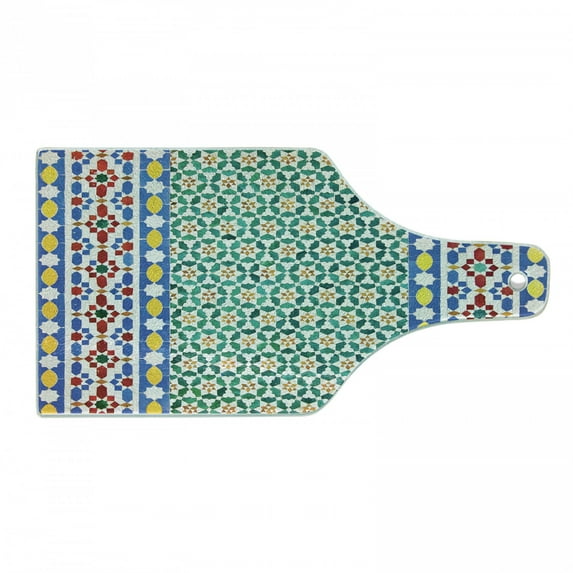 Moroccan Cutting Board, Colorful Moroccan Mosaic Wall Middle East Style Craftsmanship Vertical Details, Tempered Glass Cutting and Serving Board, Wine Bottle Shape, Multicolor, by Ambesonne