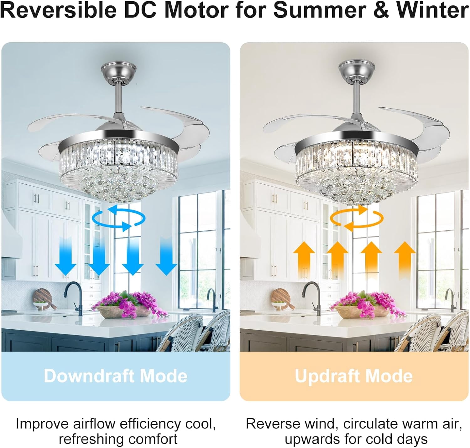 42-Inch Ceiling Fan Light with remote control, 3 colors and 6 speeds, modern indoor recessed ceiling fan light suitable for living room, bedroom and dining room (Silver).