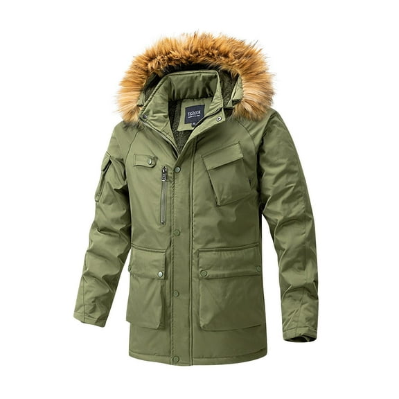 IYTR Men's Winter Jacket Faux Hood Warm Thick Parka Coat Outdoor Windproof Thick Warm Thicken Winter Parka Army Green XXL