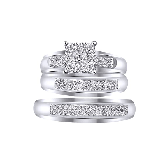 AFFY White Natural Diamond Engagement & Wedding Trio Band Ring Set In 10k White Gold (0.4 Cttw)