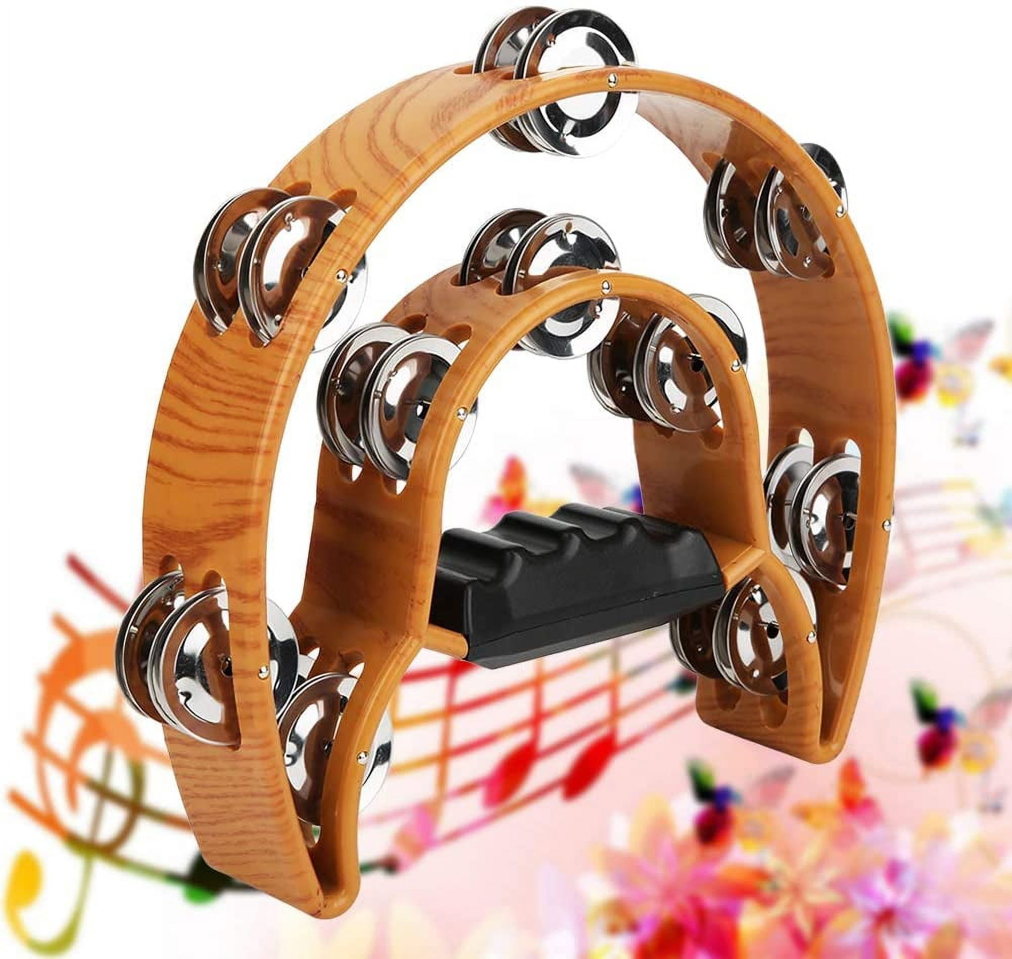 CATPAN Sturdy Wooden-Style Tambourine with Double Row Jingles & Comfort Grip - Percussion Instrument