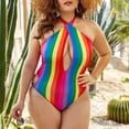 thumbnail image 3 of One Piece Swimsuit for Women Plus Size One-Piece Rainbow Stripe Print Halter Beachwear Swimwer, 3 of 9