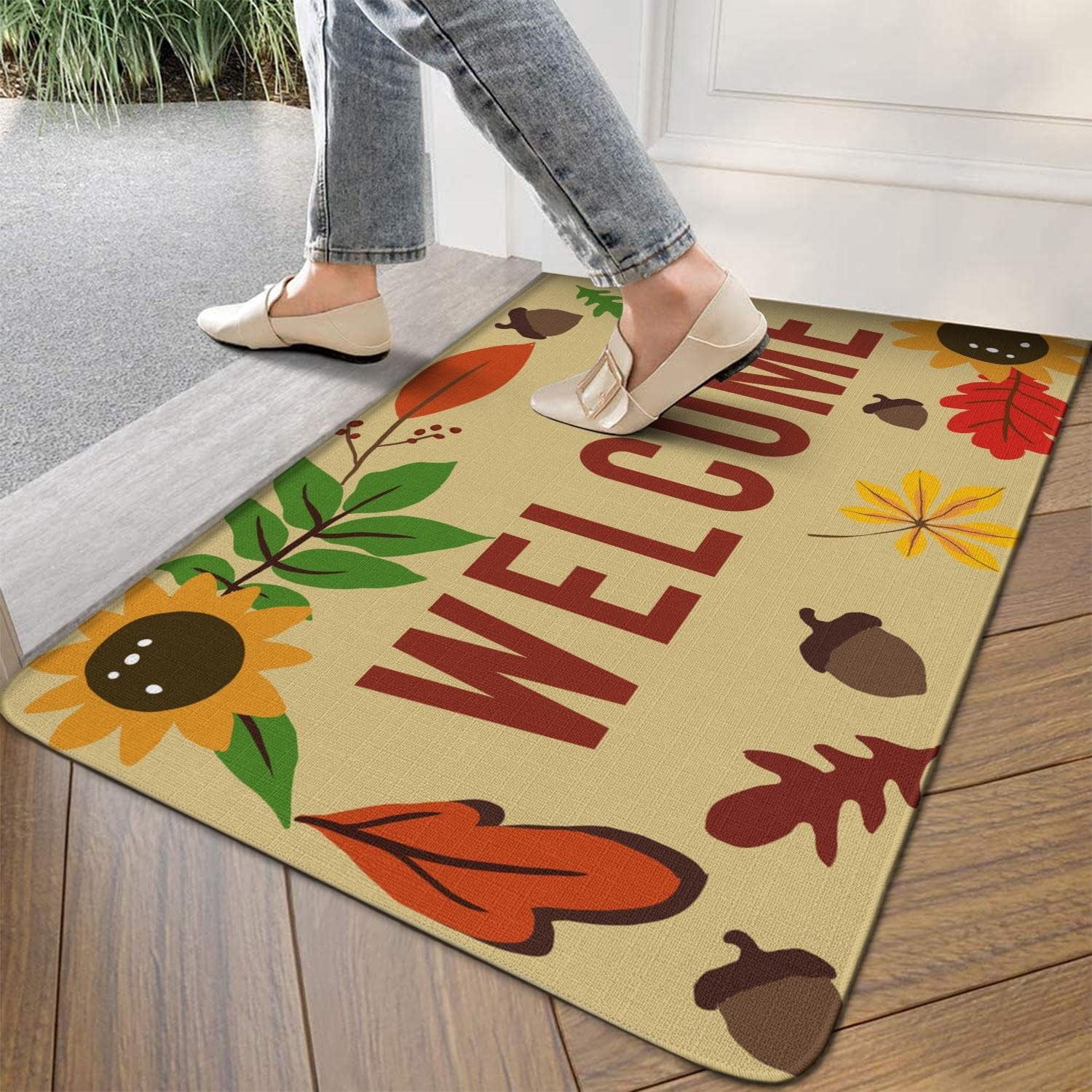 Linen Door Mat Maple Sunflower Dirt Resist Rug Welcome Indoor and Outdoor Front Entrance Doormat Home Decor Heavy Rubber Backing for Non Slip, 30" X 17"