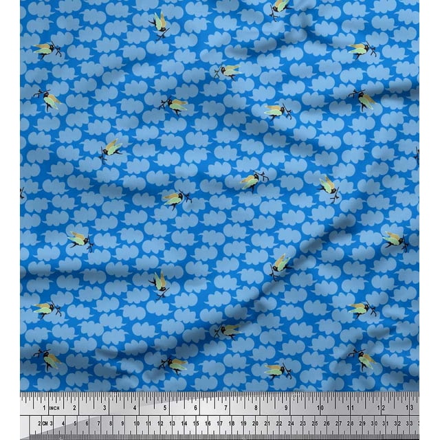 Soimoi Blue Crepe Silk Fabric Clouds & Bird Print Fabric by Yard 42 Inch Wide
