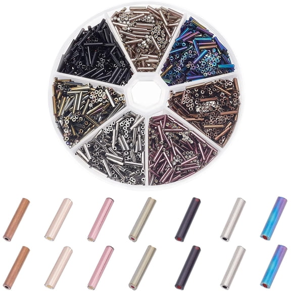 1Box 1260pcs 7 Colors Glass Bugle Beads 9x2mm Metallic Long Seed Beads Tube Beads Craft Beads Loose Spacer Bead for Earrings Bracelets Necklaces Waist Chain Jewellery Making Hole 0.5mm