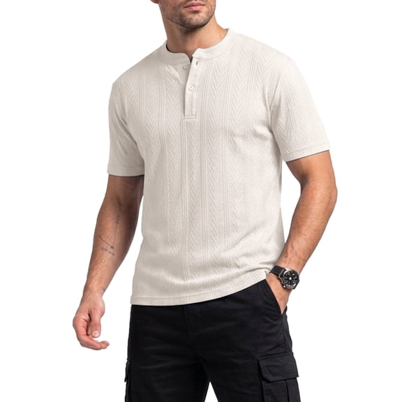 Fexilor Men's Short Sleeve Henley Shirts,Textured Jacquard Casual Button-Up Tops