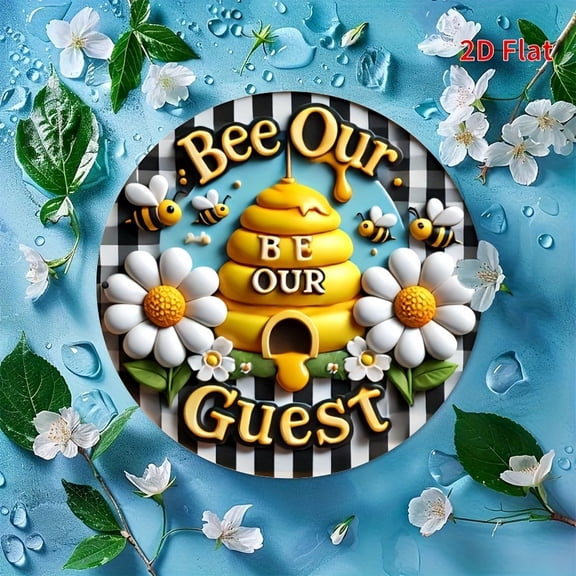 HELLOYOUNG 2D Flat Printed Bee Wreath Metal Wall Art, 8x8 Inch Round Sign for Outdoor Indoor Decor, Summer Hive Plaque Family Gathering Gift