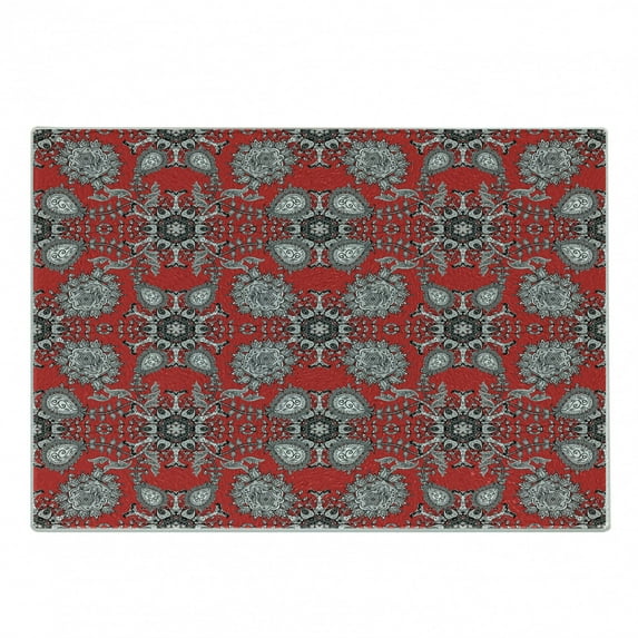 Mandala Cutting Board, Doodle Mandala Flower Ivy Swirls Classic Paisley Design Image, Decorative Tempered Glass Cutting and Serving Board, Small Size, Scarlet White Black, by Ambesonne