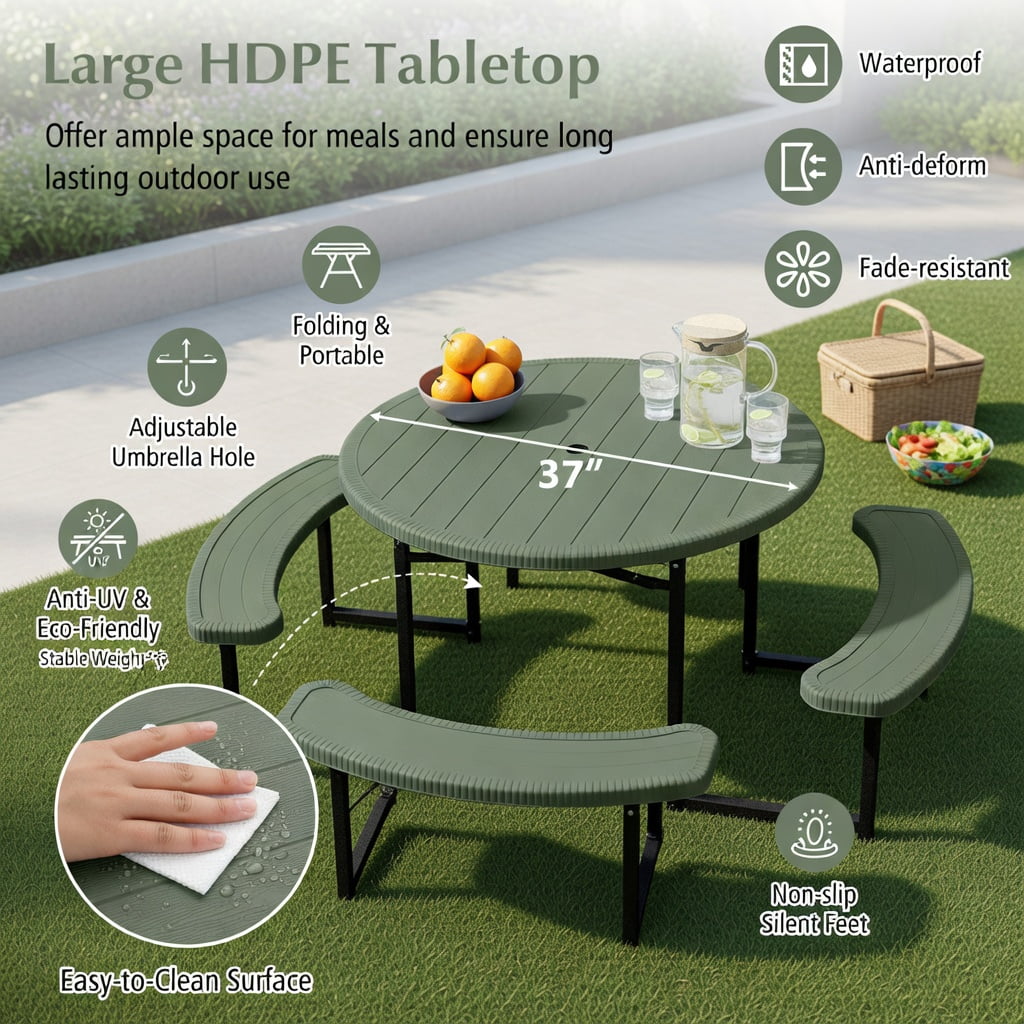 Hommoo Round Outdoor Picnic Table Set with 4 Benches, Umbrella Hole, Heavy-Duty Metal Frame & HDPE Top, White