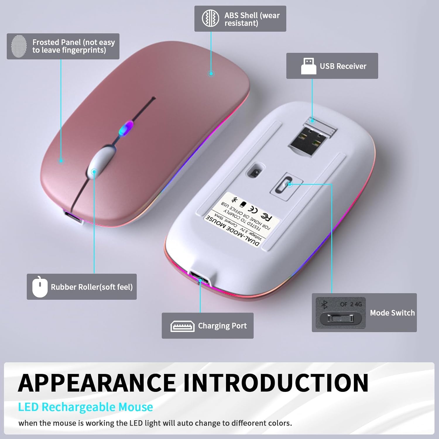 Wireless Bluetooth Mouse – Rechargeable, Silent, Dual Mode (Bluetooth 5.2 & USB) with LED Lights – Portable for Laptop, Desktop, & Tablet(Black)