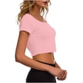 thumbnail image 4 of Women's Casual Crop Tops Crew Neck Slim Fit Short Sleeve Workout Basic Tight T Shirts Going out Summer Top (Free Size, Khaki), 4 of 5