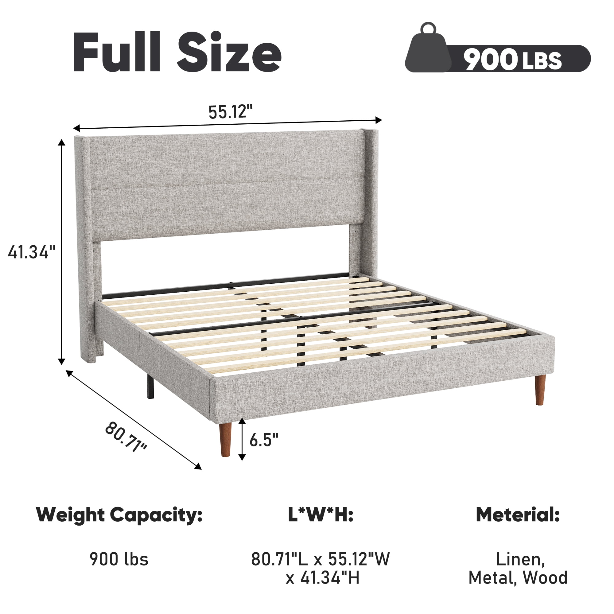 Frostbloom Full Size Platform Bed Frame, Linen Upholstered Wingback Headboard, Beige