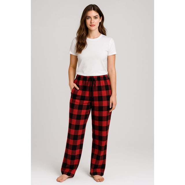 Pijamas de Franela a Cuadros de Algodón, Pantalón Largo con Bolsillos, Corte Recto para Mujer