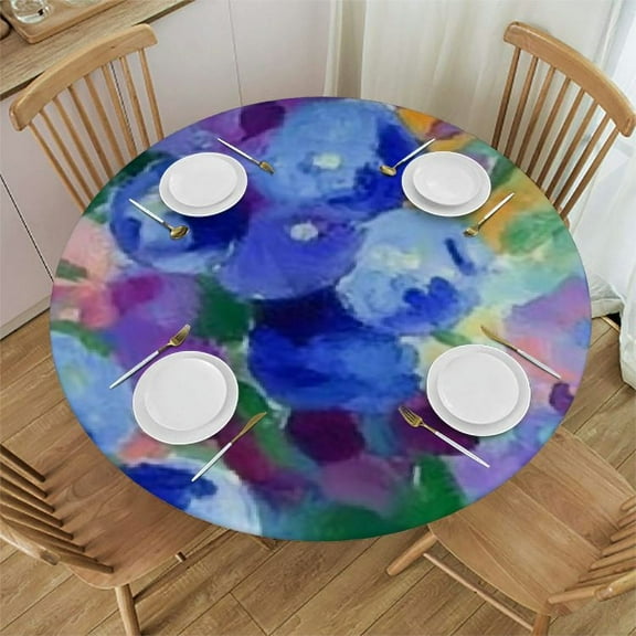 Round Vinyl Fitted Tablecloth with Backing Elastic Table Cloth Waterproof Oil-Proof Table Cover Blueberry Watercolor Round Tablecloth