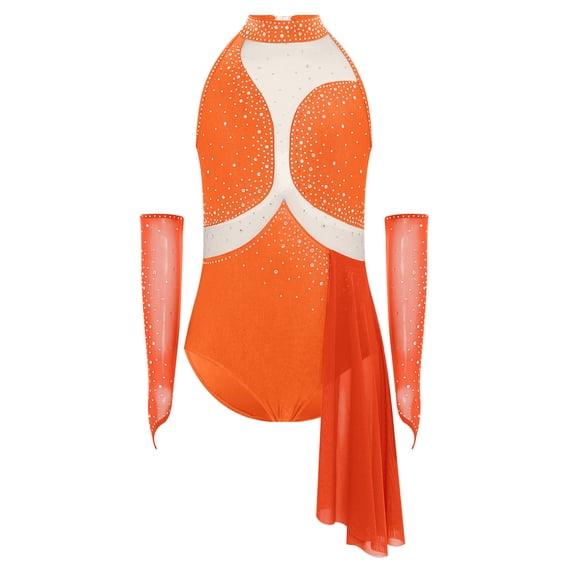 inlzdz Girls Shiny Rhinestone Mesh Jazz Latin Dance Leotard Asymmetric Gymnastics Bodysuit with Gloves Orange 12