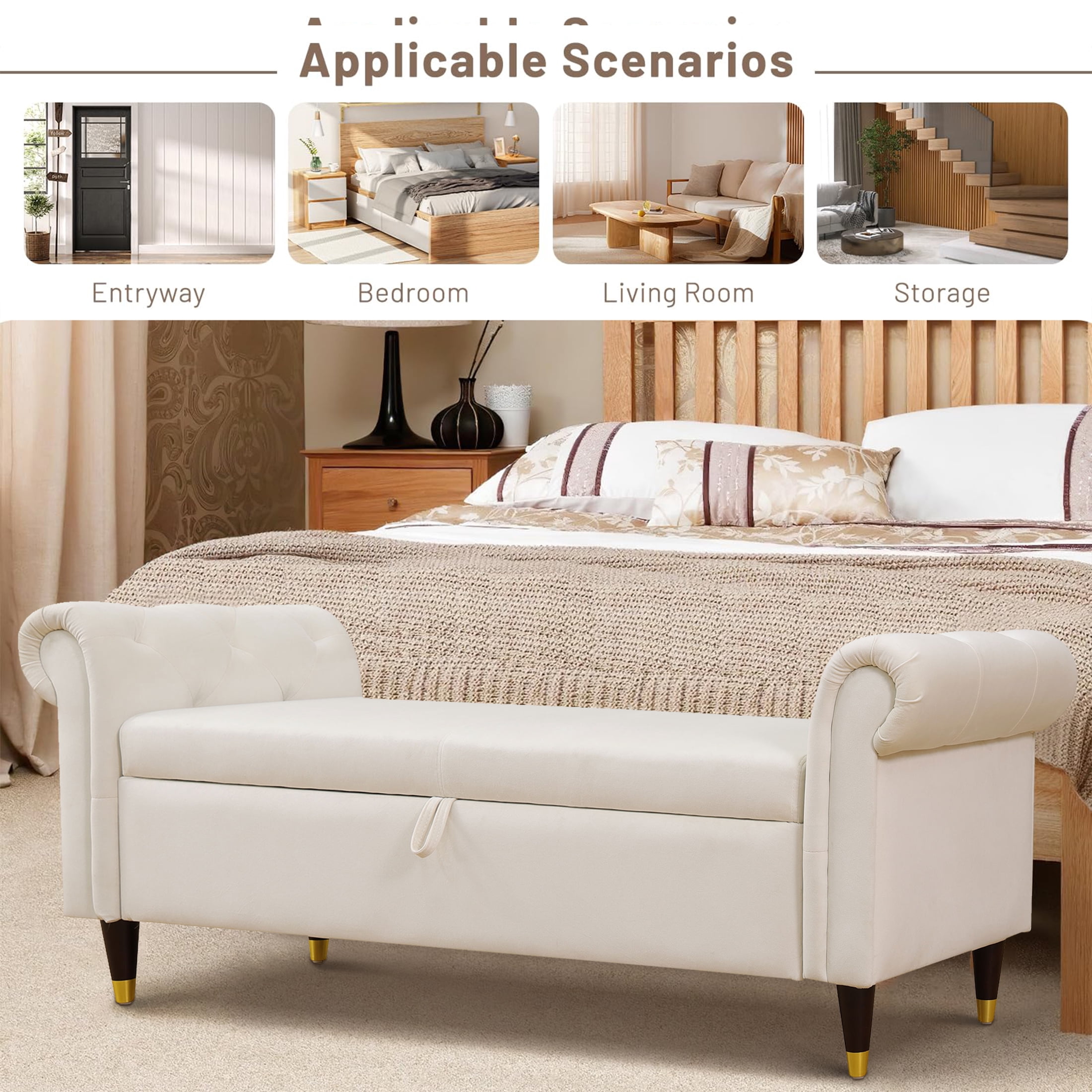 Aukfa 64 inch Oversized Storage Ottoman Bench, Lift Top Storage Chest for Bedroom, Sherpa, White