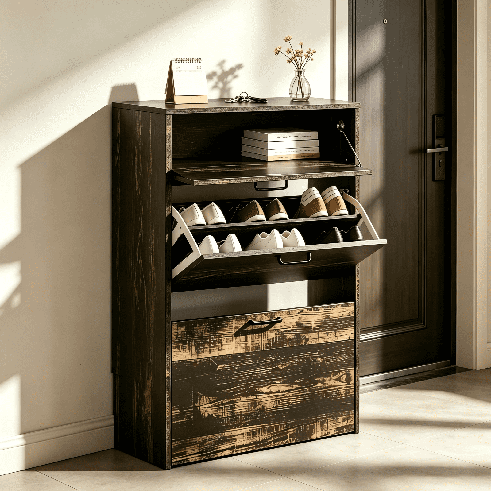 2-Door 1-Drawer MDF Shoe Cabinet, 25*9.45*37in Black Oak