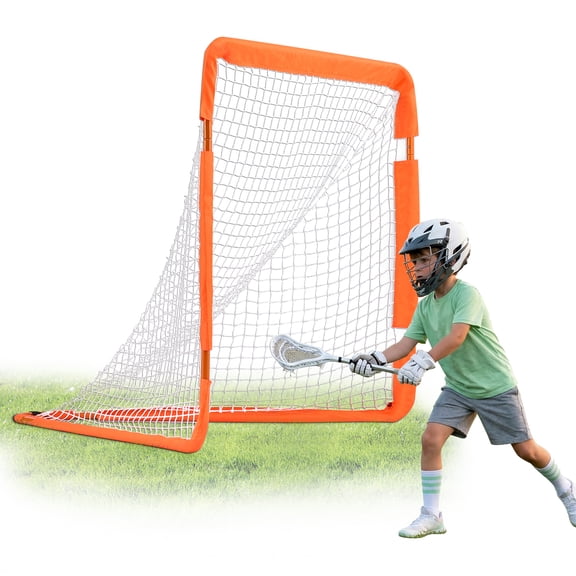 VEVOR Lacrosse Goal, 4' x 4' Small Kids Lacrosse Net, Folding Portable Lacrosse Goal with Carry Bag, Iron Frame Backyard Training Equipment, Quick & Easy Setup, Perfect for Youth Training, Orange