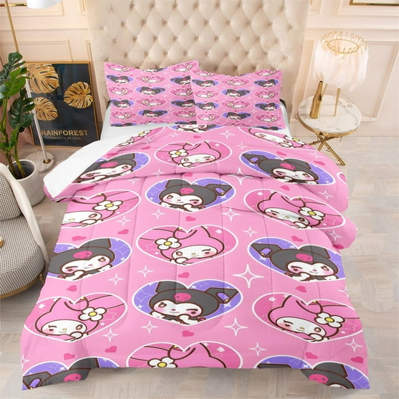 3-Piece Kawaii Melody Kuromi Bedding Set Full Size Kids Girls Pink Pillowcase Comforter Sets New