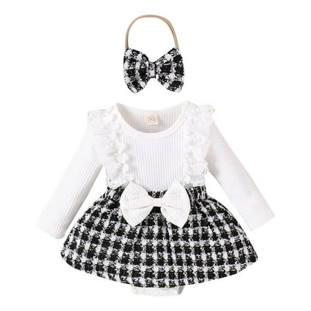 

Dr.Eam Newborn Bodysuits Infant Girls Long Sleeve Bowknot Plaid Prints Ruffles Romper Newborn Bodysuits With Headbands Outfits Onesies Outerwear White 6 M-9 M