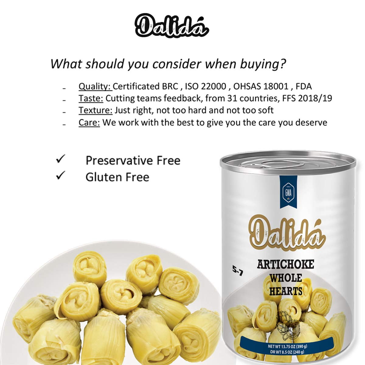 Dalida - Whole Artichoke Hearts in Water (Pack of 4), 14 oz