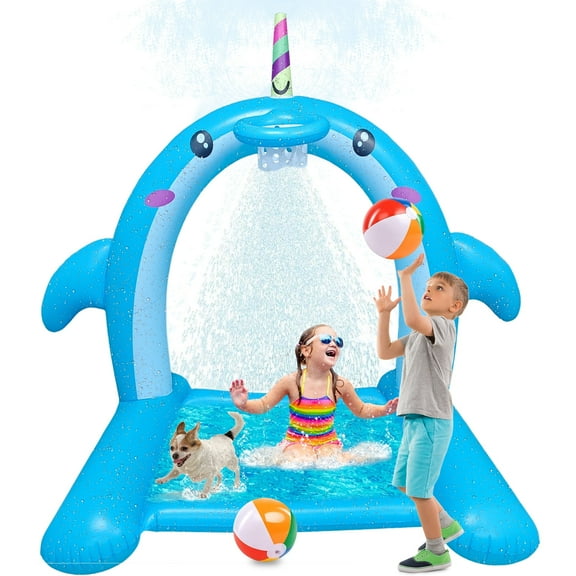 Inflatable Sprinkler Toys for Kids, Giant Inflatable Dolphin Water Toys Splash Pad with Basketball Hoop, Fun Sprinkler Summer Outdoor Game for 3-8