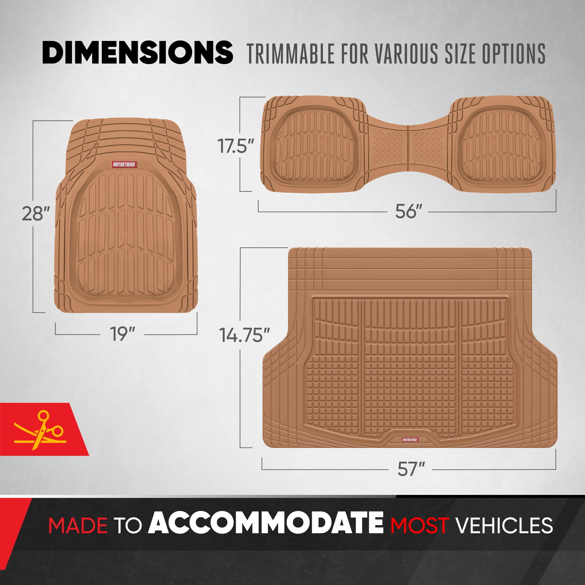 FlexTough Contour Liners Deep Dish 3 pc Rubber Floor Mats with Traction Grips Car Accessories (Beige)