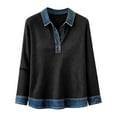 thumbnail image 5 of Sweater with Denim Collar and Cuffs, Yigetop Sweatshirt for Women Long Sleeve Button Collared Denim Shirt Casual Patchwork Knit Pullover Trendy Spring Tops Knitted Denim Shirt Dark Gray, S, 5 of 5