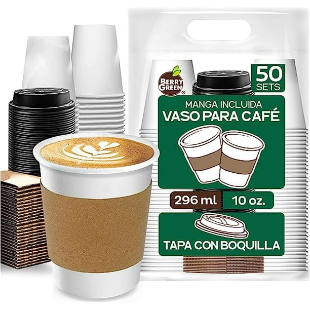 Berry Green 50 Vasos para Cafe de 10 oz (296 ml) Desechables con Tapa y Manga Protectora, Perfecta Para Cafe, Te y Todo Tipo de Bebidas Calientes, sin Derrames, Biodegradables Best Trading VCAF10