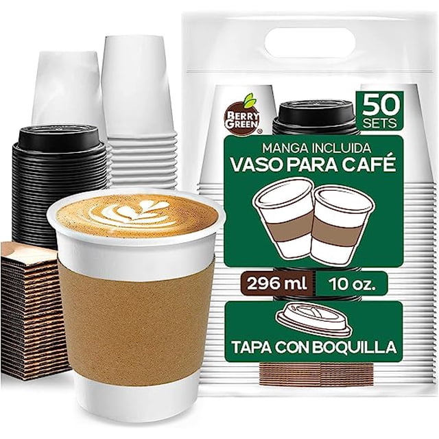Berry Green 50 Vasos para Cafe de 10 oz (296 ml) Desechables con Tapa y Manga Protectora, Perfecta Para Cafe, Te y Todo Tipo de Bebidas Calientes, sin Derrames, Biodegradables Best Trading VCAF10