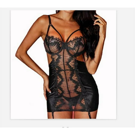 Women Eyelash Lace Babydoll Dress with Panty  Spaghetti Straps Hollow Out Open Back Sheer Mesh Nightie Sleepwear