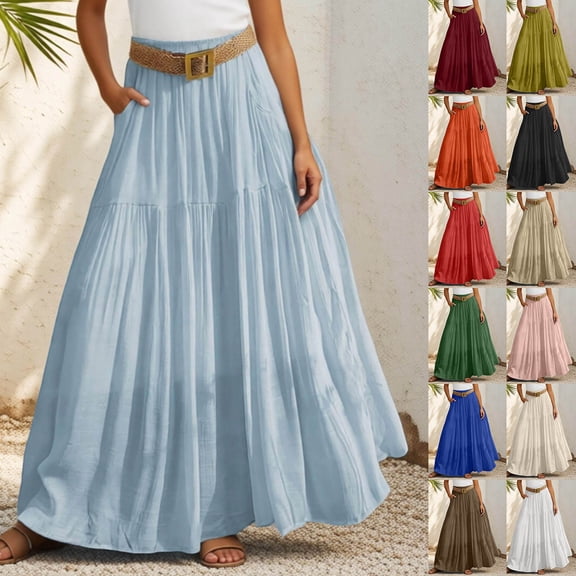 XINPING Midi Skirts for Women Plus Size Relaxed Fit Solid Color Lightweight Vacation Outfits Long Skirts for Women Boho Maxi Skirt with Pockets